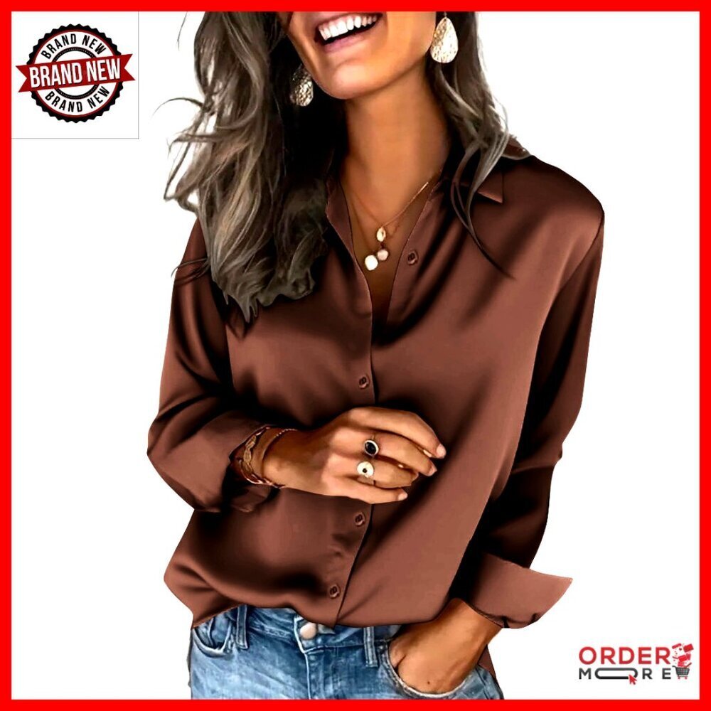 Satin Button Down Shirt Long Sleeve Business Casual Blouse Women's Top